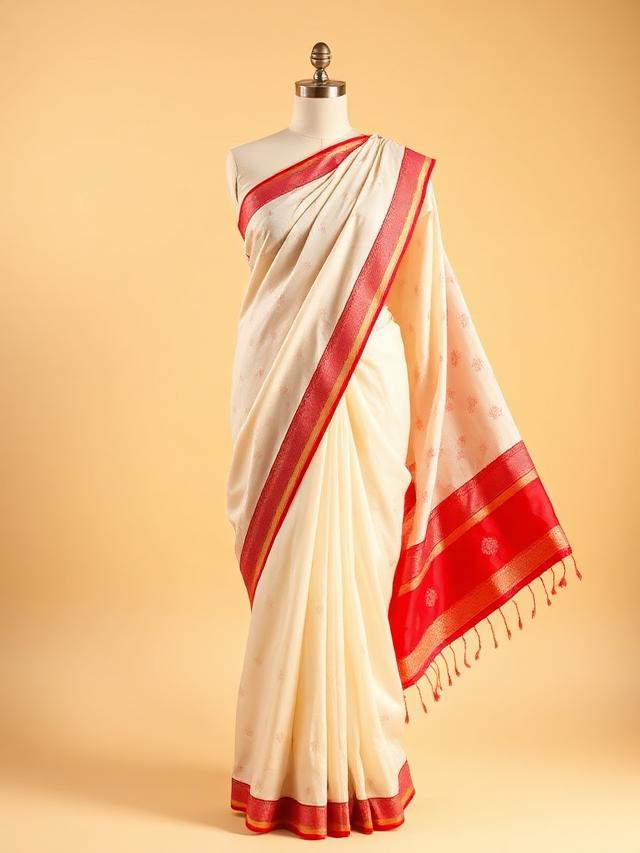 Ivory & Red Bengal Cotton Saree