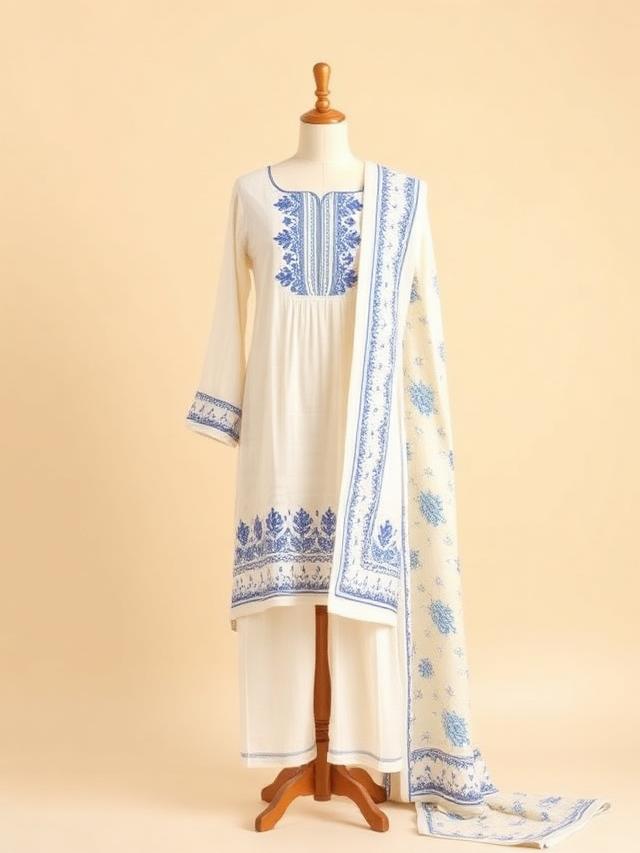 Ivory Blue-Print Cotton Suit